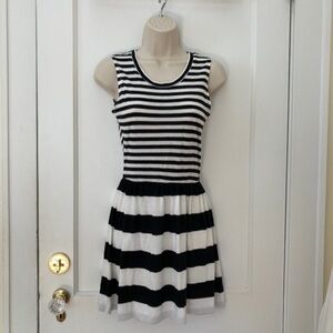 Neiman Marcus Black and White Striped Sleeveless Dress